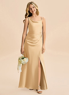 Azazie Abby Junior Gold A-Line Pleated Stretch Satin Dress image1