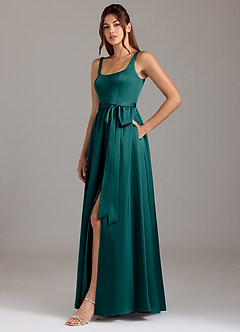 Azazie Elliott Bridesmaid Dresses Peacock A-Line with Pockets Stretch Satin Dress image4