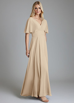 Azazie Pamela Vestidos de damas de honor Vestido de Champán de Gasa de Corte en A con Cuello en V plisado image4