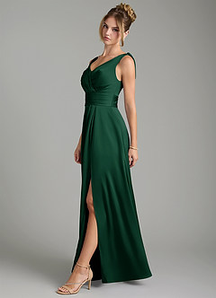 Azazie Karina Bridesmaid Dresses Dark Green A-Line Pleated Stretch Satin Dress image3