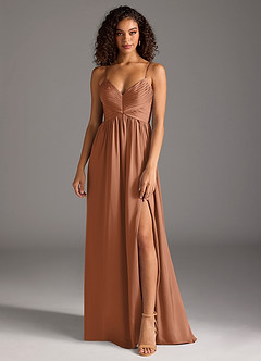 Azazie Alia Bridesmaid Dresses Bronzer A-Line Pleated Stretch Satin Dress image1
