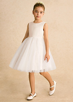 Azazie Esme Blumenmädchenkleider Ballkleid Schleifen Tüll Kleid Alabaster Weiß image5