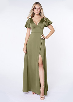 Azazie Lani Robes de demoiselle d'honneur Robe Trapèze en Satin extensible Manche à volants Pistache image1