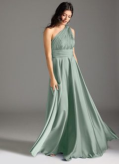Azazie Charlize Bridesmaid Dresses Agave A-Line One Shoulder Stretch Satin Dress image3