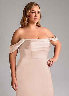 Azazie Saige Bridesmaid Dresses Blushing Pink Sheath Off the Shoulder Stretch Satin Dress image14