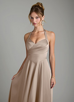Azazie Tenaya Bridesmaid Dresses Taupe A-Line Sweetheart Neckline Stretch Satin Dress image3