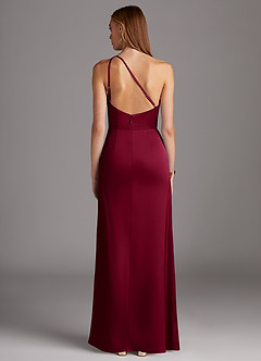 Azazie Mika Bridesmaid Dresses Burgundy Sheath One Shoulder Stretch Satin Dress image2