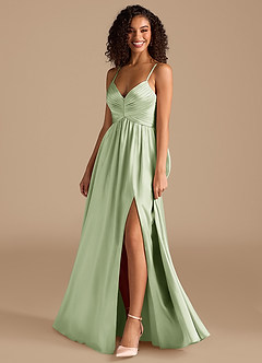 Azazie Alia Bridesmaid Dresses Dusty Sage A-Line Pleated Metallic Satin Dress image7