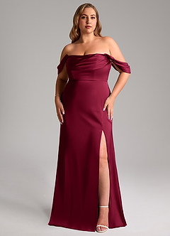 Azazie Saige Vestidos de damas de honor Vestido de Borgoña de Satén Elástico de Corte Recto con Vestidos sin tirantes image11