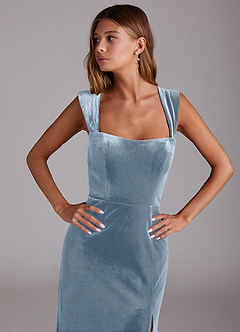 Azazie Junia Bridesmaid Dresses Dusty Blue Sheath Off the Shoulder Velvet Convertible Dress image6