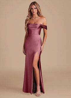 Azazie Saige Bridesmaid Dresses Desert Rose A-Line Off the Shoulder Metallic Satin Convertible Dress image1