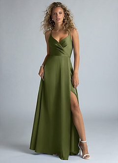 Azazie Davis Robes de demoiselle d'honneur Robe Trapèze en Satin extensible Plissée Olive image2