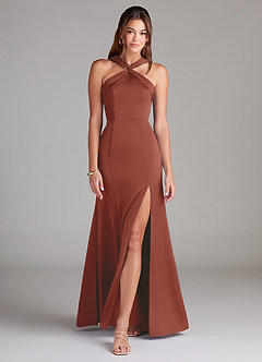 Azazie Rue Bridesmaid Dresses Auburn A-Line Pleated Stretch Satin Dress image3