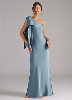 Azazie Capri Robes de demoiselle d'honneur Robe Sirène en Satin extensible Ue épaule Bleu Poussiéreux image1