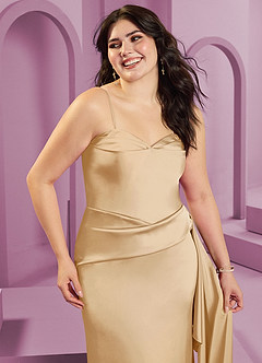 Barbie ♥ Azazie Jurken voor bruidsmeisjes Converteerbaar Jurk van Stretch Satijn met Kolom Strapless Goud image4