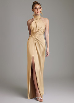 Azazie Gracelynn Abiti da Damigella Abito Tubino in Raso Elasticizzato Plissettato Oro image1
