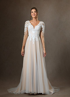 Azazie Essy Wedding Dresses Diamond White Champagne A-Line V-Neck Sequins Tulle Dress image4
