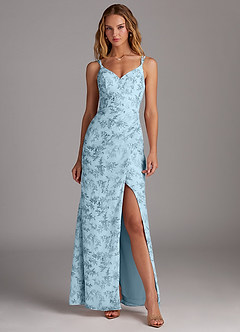 Azazie Leo Bridesmaid Dresses Blue Fern Floral Mermaid V-Neck Pleated Chiffon Dress image1