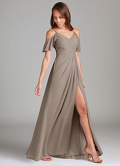 Azazie Dakota Jurken voor bruidsmeisjes Jurk van Mesh met A-Lijn Off the Shoulder Taupe image3