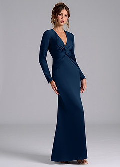 Azazie Valerie Vestidos de damas de honor Vestido de Azul Marino Oscuro de Satén Elástico de Corte Sirena con Manga larga image4