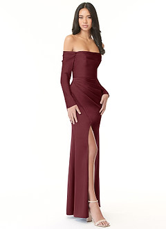 Azazie Hallie Vestidos de damas de honor Vestido de Cabernet de Satén Elástico de Corte Recto Convertible con Manga larga con hombros descubiertos image5