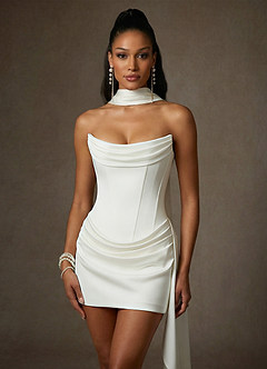 Azazie Aniko Wedding Dresses Diamond White Fit and Flare Stretch Satin Dress image5