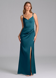 Azazie Leo Robes de demoiselle d'honneur Robe Fourreau en Satin extensible Plissée Bleu Encre image1