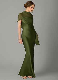 Azazie Jaleesa Robes de demoiselle d'honneur Robe Fourreau en Satin extensible Col haut Olive image3