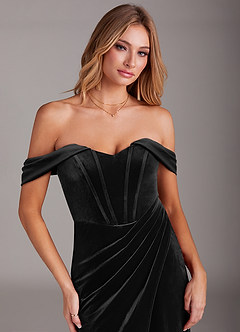 Azazie Jas Jurken voor bruidsmeisjes Converteerbaar Jurk van flueel met Kolom Off-the-shoulder korset Zwart image5