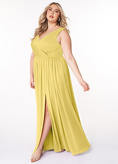 Azazie Tanicia Bridesmaid Dresses Canary A-Line V-Neck Pleated Mesh Dress image7