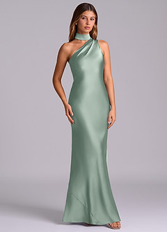 Azazie Seona Bridesmaid Dresses Agave Mermaid One Shoulder Stretch Satin Dress image3