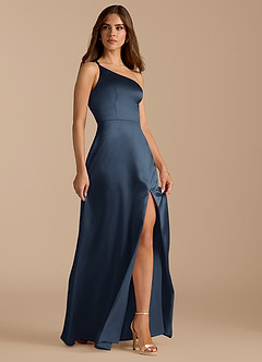 Azazie Trina Bridesmaid Dresses Dark Navy A-Line One Shoulder Metallic Satin Dress image6