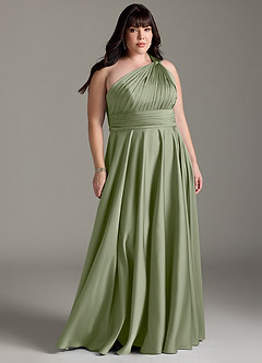 Azazie Charlize Bridesmaid Dresses Pistachio A-Line One Shoulder Stretch Satin Dress image9
