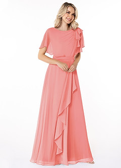 Azazie Aaliyah Bescheidene Brautjungfernkleider A-Linie Schaufel Gefaltet Chiffon Bodenlänge Kleid image3