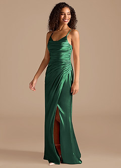 Azazie Deandra Bridesmaid Dresses Dark Green Mermaid Pleated Metallic Satin Dress image3