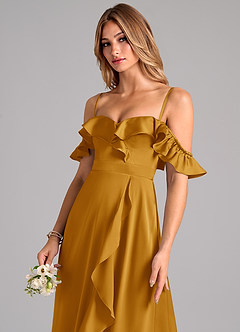 Azazie Lyra Bridesmaid Dresses Butterscotch A-Line Off the Shoulder Stretch Satin Convertible Dress image7