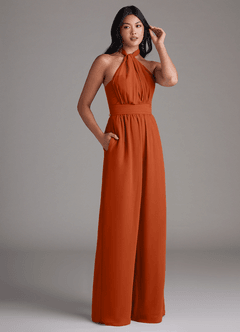 Azazie Lamara Robes de demoiselle d'honneur Combinaison Convertible en Mousseline de soie Épaule décolletée Orange Brûlée image12