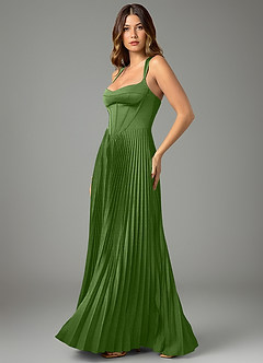 Azazie Avenelle At-home Try On Dresses Dark Green A-Line Corset Stretch Satin Dress image3