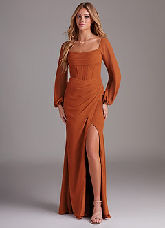 Azazie Charissa Bridesmaid Dresses Cinnamon Sheath Long Sleeve Chiffon Dress image1