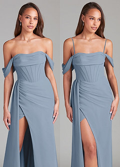 Azazie Amyra Bridesmaid Dresses Dusty Blue Sheath Off the Shoulder Chiffon Convertible Dress image9