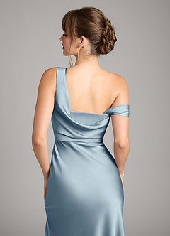 Azazie Madelyn Robes de demoiselle d'honneur Robe Sirène Convertible en Satin extensible Une épaule Bleu Poussiéreux image14