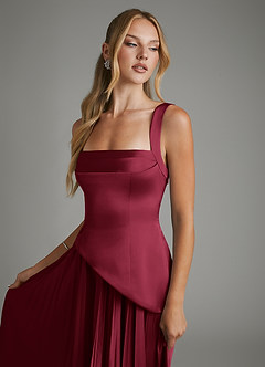 Azazie Stephanie Vestidos para Prova em Casa Vestido Borgonha de Cetim elástico de Linha A com Corpete image3