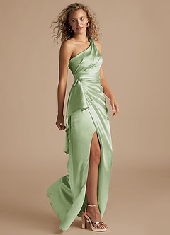 Azazie Maive Bridesmaid Dresses Dusty Sage Sheath Ruched Metallic Satin Dress image5