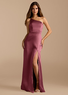 Azazie Trina Vestidos de damas de honor Vestido de Rosa Del Desierto de Satén Metálico de Corte en A con Hombro unilateral image3