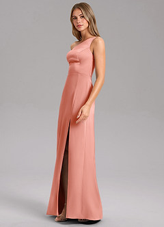 Azazie Feby Robes de demoiselle d'honneur Robe Trapèze en Satin extensible Ue épaule Corail image4