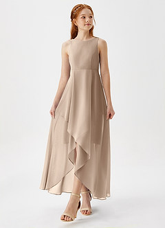 Azazie Lizette Junior Robe Trapèze en Mousseline de soie Plissée Taupe image4