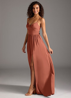 Azazie Zeya Bridesmaid Dresses Clay A-Line Pleated Stretch Satin Dress image7