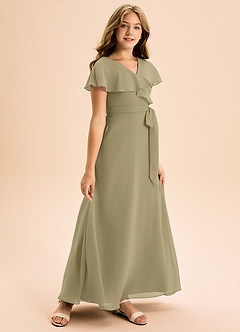 Azazie Lainey Junior Abito A-Line in Chiffon Con Tasche Verde Muschio image1