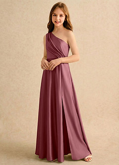 Azazie Puddles Girls Formal Robe Demoiselle D'honneur Fillette Robe Trapèze en Satin extensible Une épaule Rose Du Désert image4