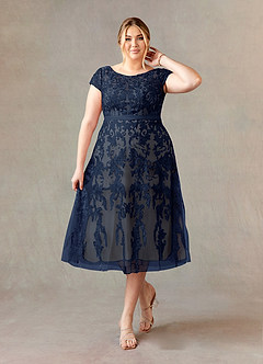 Azazie Sanna Mother of the Bride Dresses Dark Navy Champagne A-Line Scoop Lace Tulle Dress image1